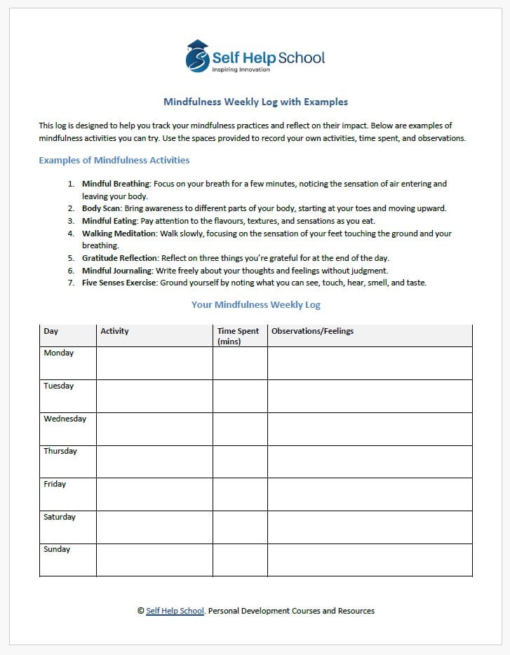 Weekly Mindfulness Log Download